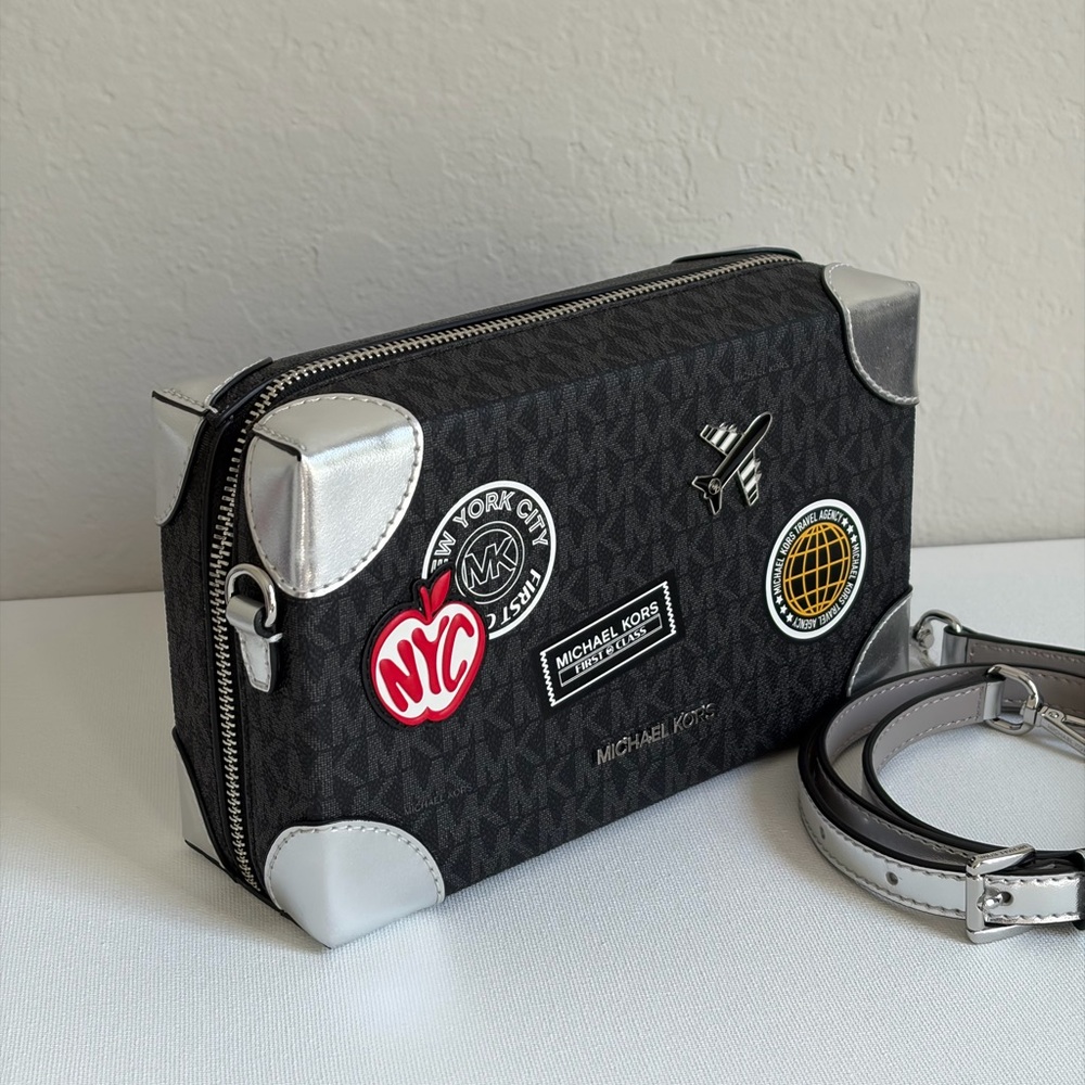 Michael Kors Jeanie Small EW Trunk Crossbody Travel Agency MK Logo Black/Silver - Picture 12 of 16